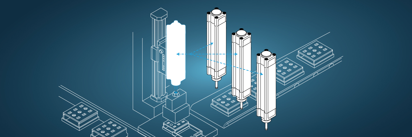 Interchangeable piston rod cylinders on blue background