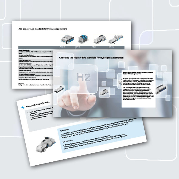 Preview of Festo product guide comparing suitable valve manifolds for hydrogen automation systems.